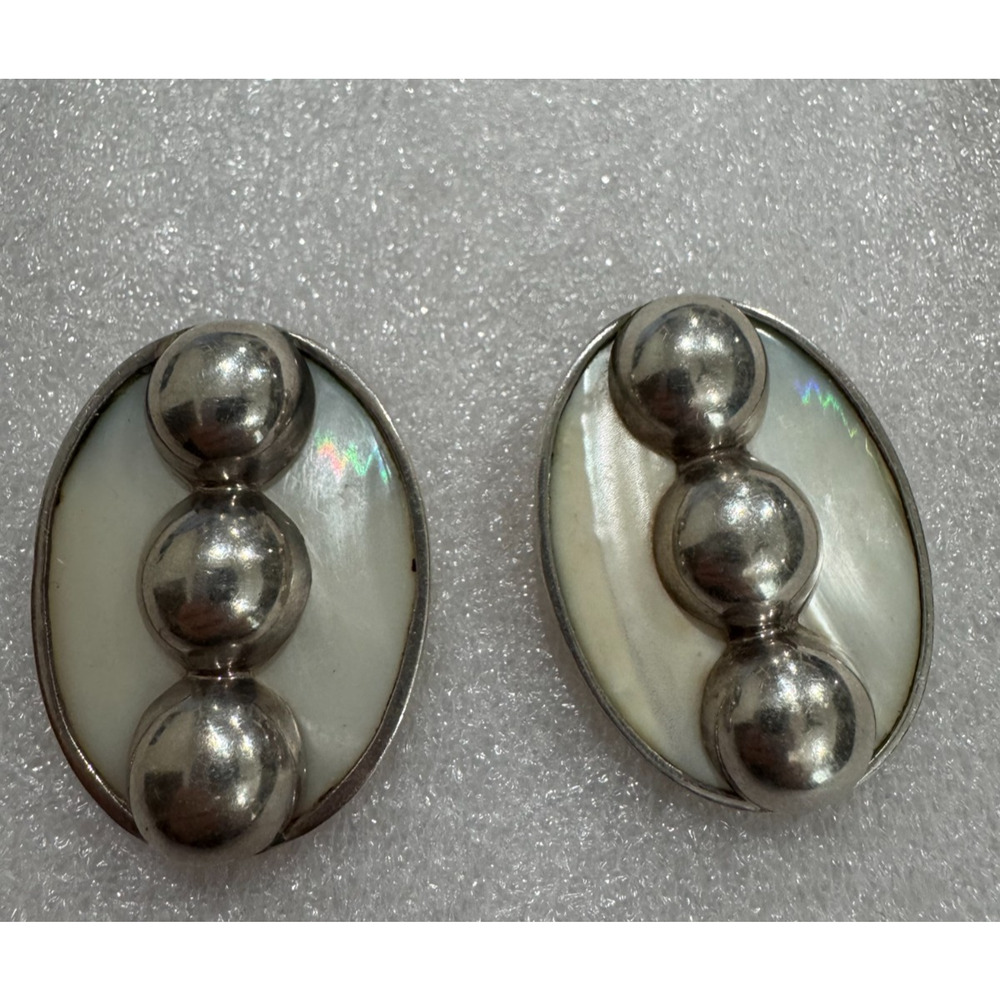 Ture Designs Large Sterling Silver Mother of Pearl Shell Clip Earrings 925 Oval